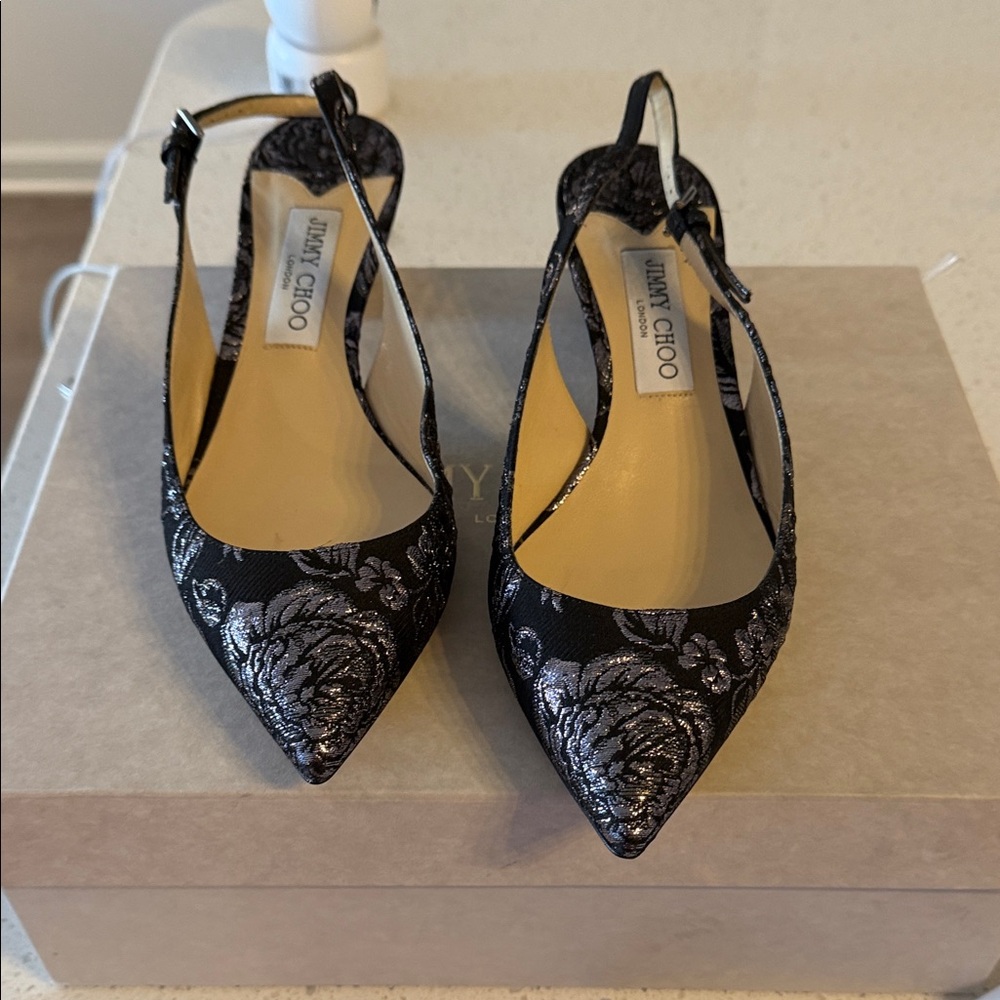Jimmy Choo Black and Silver Floral Heels